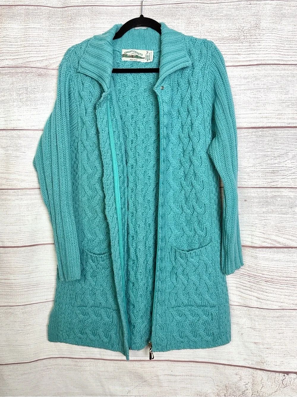 Aran Crafts Long Cardigan Full Zip Turquoise Cable Knit Wool Sweater Ireland M